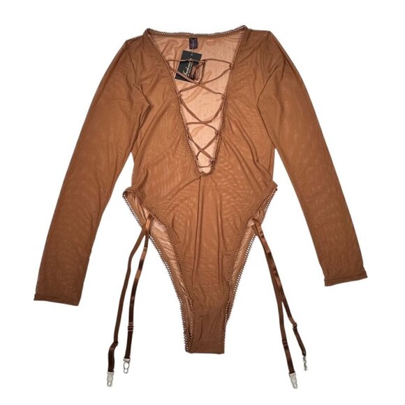 NWT Frederick's of Hollywood Mesh Bodysuit Teddy Sz.M Brown  Sheer Garter Sexy - Picture 4 of 7